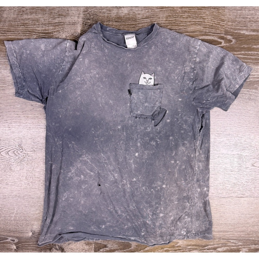 Rip N Dip Mens Cat Pocket T Shirt Light Stone Wash Gray XL Distressed Thrashed